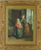 Van Loyde, Dutch Family, Watercolor scene shows mother, daughter and infant sitting beside window in interior setting