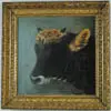 Unsigned, Steer Head, Oil on canvas portrait of a black steer head having brown ears and brown hair tuft on top