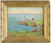 Unsigned, Coastline Lighthouse, Oil on canvas scene shows lighthouse at end of rocky point with grass covered slope, water and sky