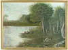 Unsigned, The Fishing Trip, Oil on canvas primitive scene shows three women and one man fishing next to large trees and mountain in background