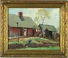 J Beauregard, Tending the Garden, Oil on board scene shows man plowing garden with chickens beside. Red New England cape with barns attached