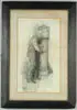 Williams, Father Time, Graphite drawing shows older man standing with hands on grandfather clock, which is just past midnight