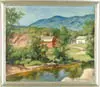 Georgia W. Balch, Vermont Landscape, Oil on canvas scene shows dairy farm with red barn, white house and winding driveway. River winds through foreground