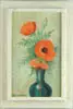 Harry L. Hickman, Untitled, ORIENTAL POPPIES. Oil on canvas still life shows green bottle vase with three open orange red poppies