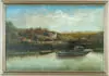 C. Early, Fishing on the Marsh, Oil on canvas scene shows fisherman next to wharf with boats