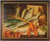 Unsigned, American Fish, Chromolithograph of fish, pole, net and lobster