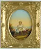 Unsigned, Portrait of a Little Girl, Oil over photographic print shows young child in a white dress with blue ribbons seated on a rock wall in landscape