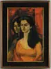 Jan De Ruth, Understudy, Oil on canvas scene shows long black hair woman in red dress with a look alike behind her