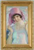 Livingston Greer, Spring Beauty, Oil on canvas portrait of a young woman in spring dress with pink hat. Apple blossom branches as backdrop