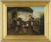 Unsigned, The Stubborn Mule, Oil on canvas farmyard scene shows two boys and a mule, chickens beside with landscape in background