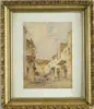 J. F. Horrabin, Amalfi Near Naples, Italy Calauchini Convent, Watercolor shows women outside a stucco building with cobblestone street. Initialed and dated 1890