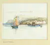 Cecil S. Ashdown, Labrador Coast, Small watercolor shows sailboat and small wharf and houses with cliff side coastline