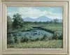 Flagstaff, Maine by George Arthur Hays, Fine oil on canvas landscape showing tall blue mountains in background with a winding stream and grass covered banks, sold Apr 2003