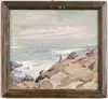 Emile A. Gruppe, Fishing on Bass Rocks, Oil on canvas scene shows surf fisherman standing on rocky shoreline
