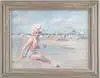 Day at the Beach by Emile Albert Gruppe, Oil on board scene shows young girl playing in sand with other bathers and beach umbrellas behind, sold Apr 2003