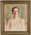 Walt Kuhn, Portrait of a Woman, Oil on canvas half length portrait shows woman in pink dress