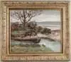 Abraham Bogdanove, Late Fall on the Maine Coast, Oil on board scene shows several water inlets with peninsula’s having grass, small bushes and tree