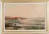 Warren Sheppard, Sunrise Over Rocky Coastline, Large oil on canvas scene shows sun rising amongst a light sea mist. Rocks jutting out into a tranquil ocean