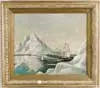 Signed With Initials, Amongst the Icebergs, Oil on canvas scene shows tall snow covered icebergs/mountains with open blue ocean having three sailing ships