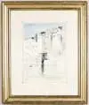 Childe Frederick Hassam, Naples Waterfront, Watercolor shows tall stucco sided buildings next to water with small boat. Reflections in water and blue sky