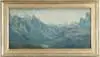 Augustas Vincent Tack, Near Saggan, Oil on canvas mountain landscape in bluish/green tones and yellow/green sky