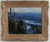 Sidney Marsh Chase, Maine Coastal Scene, Oil on canvas scene shows evergreen sided coastline with deep blue ocean, sky with two seagulls