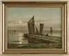 Ludwig Dill, Sunset with Sailboats, Oil on canvas scene shows a Jetty with sailboat docked beside. Two other sailboats in calm water with yellow setting sun