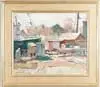 Charles Movalli, The Boatyard, Colorful oil on canvas shows boat tied to edge of dock with buildings