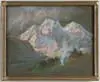 Arthur William Best, Indian Encampment, Small pastel shows two teepees and camp fires in foreground. High mountain peaks with valley in background