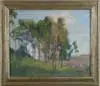 Edward R. Kingsbury, Summer Landscape, Oil on canvas scene shows sunlit morning landscape with trees and hillside. Nice color in reflections on trees and skies
