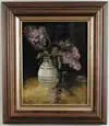 Jan C. van der Ven, Still Life with Lilacs, Oil on canvas still life with purple lilacs with green leaves and striped blue and white vase