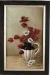 G.C. Bacon, Still Life with Poppies, Oil on canvas still life shows red and white poppies in a black and white pitcher