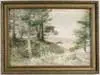 Maine Coast by Hartwell Leon Woodcock, Watercolor scene shows evergreen trees and green grass overlooking a sandy beach and light green ocean, sold Apr 2003
