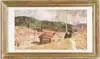 John Hare, Fall New England Landscape, Watercolor scene shows houses along a valley with green hills in fall colored
