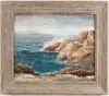Brewster, Coastal Seascape, Oil on board scene shows deep blue water cove with crashing waves on large rocks. Island is seen in distance