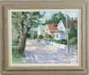 Richard Deibel Murray, Summer Street Scene, Oil on canvas scene shows street lined with houses and trees with white picket fence