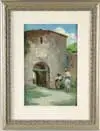 Frank O. Small, Nassau, Bahamas, Oil on board scene shows two men with donkey outside a stucco building