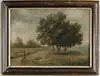 S. Marois, Primitive New England Landscape, Oil on canvas scene shows farmer walking up dirt road toward cows huddled under three large trees