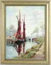 Douglas Conway, Boats on Canal, Colorful oil on board scene shows two boats in canal at lock with building. Grass lined canal with road