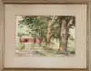 Luigi Lucioni, Sunlit Patterns, Colored print shows red barns with tree-lined dirt road, green grass and fields