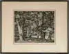 Luigi Lucioni, Tree Tapestry, Original etching on paper shows dense wooded area with sunlit patch of grass