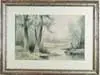 D.A. Fischer, Marshy Estuary, Watercolor of stream winding through woods with field beyond