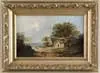 Cottage by the Shore by J. Wood, Oil on canvas scene shows two people walking along path to water, thatched roof cottage nestled amongst trees, sold Apr 2003
