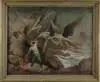 William Howard Edward Starkweather, Allegorical Scene “The Whips of Olympus, Oil on canvas painting shows a man at coastal edge being descended upon by three winged avengers with whips