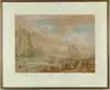 Nicholas Pocock, Hauling a Boat Ashore, Watercolor on paper shows six men pulling a boat onshore with several ships in water surrounded by rocky cliffs