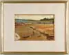 Stephen Etnier, Beach at Ogunquit, Oil on canvas painting shows family on beach with small sailboat. Ocean inlet with sails in background
