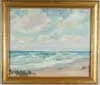 Emile Albert Gruppe, Morning; Stuart Beach, Florida, Oil on canvas beach scene shows crashing waves on sandy beach with sea grass in the foreground