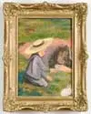 Georges d'Espagnat, Study for “Enfants Dans Le Parc, Small oil on canvas scene of young boy with fancy yellow hat kneeling next to woman with rabbit