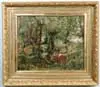William Mark Fischer, Summer Landscape with Cows, Oil on canvas scene shows two cows in opening of woods with woman standing next to tree