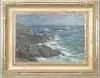 Aldro Thompson Hibbard, Bass Rocks, Oil on board coastline scene with blue-green water and gray brown rocks